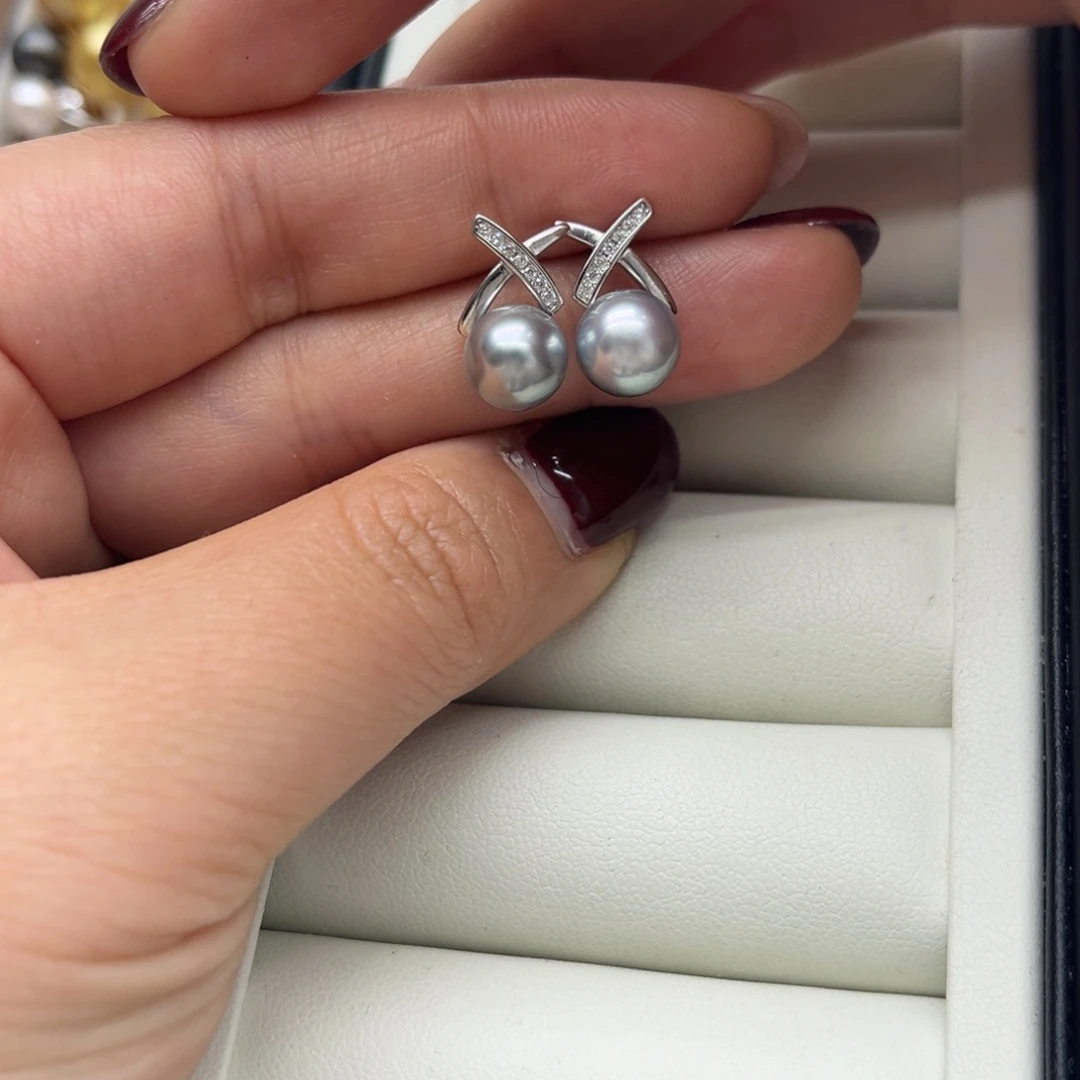 海水珍珠银S925镶嵌耳饰