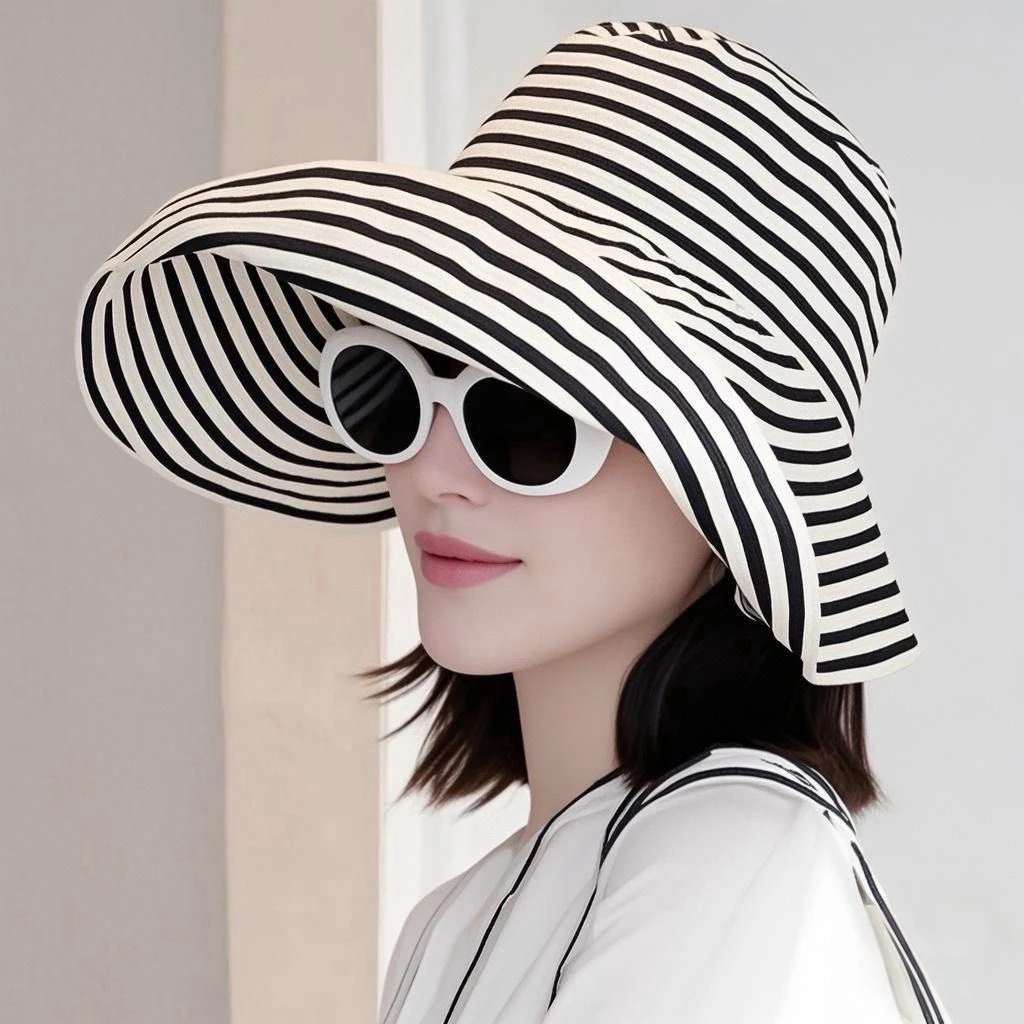 2025新款时尚百搭条纹大帽檐渔夫帽子女夏季户外出游可卷边遮阳帽