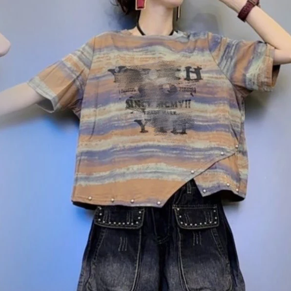 Y设计感宽松显瘦字母水墨印花T恤不规则