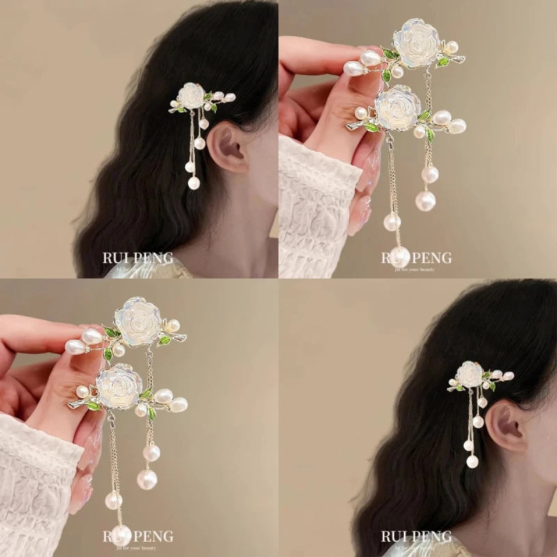 山茶花朵古风流苏发夹精致侧边夹发卡女2025新款马面裙高端头饰