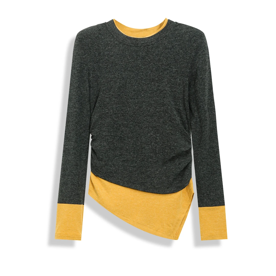 宁熙ec原创2024秋冬春秋长袖t恤设计感不规则假两件上衣5935