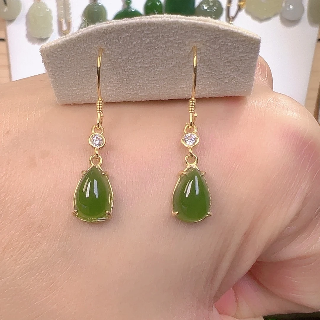 和田玉（碧玉）银S925镀金镶嵌耳饰