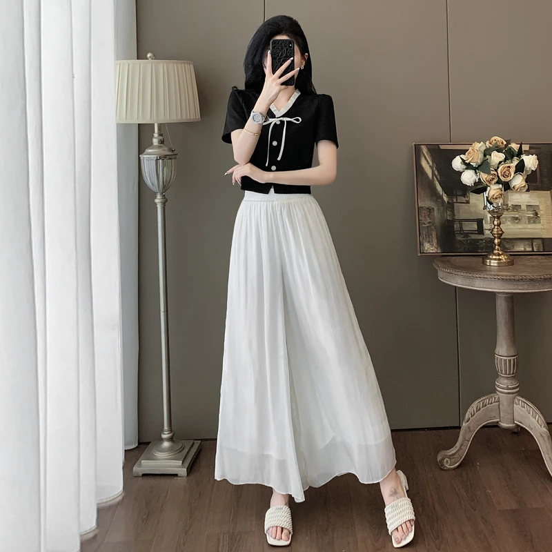 白色休闲气质减龄短袖+阔腿长裤裙夏装搭配一整套长款套装女显瘦