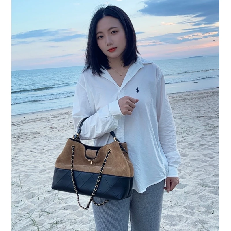25A新款麂皮hobo购物袋小香风真皮菱格链条包女士手提单肩腋下包