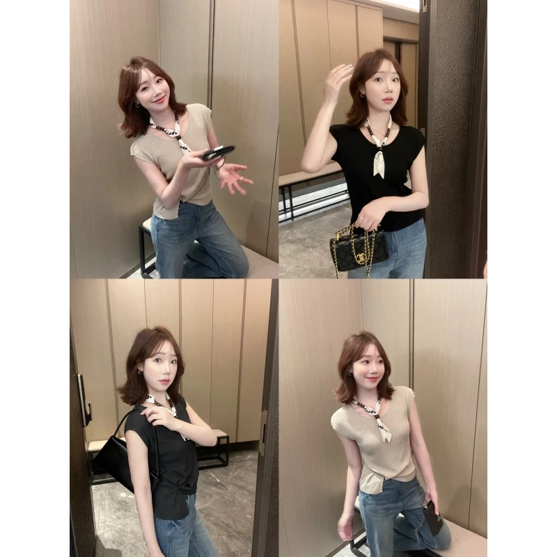 YPP！【智感美女】纯欲风V领小飞袖针织衫女时尚设计感休闲显瘦上衣