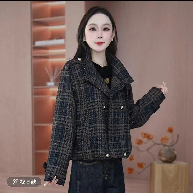 妍2025年秋季新款时尚气质显瘦百搭短款休闲女士格子外套#912063