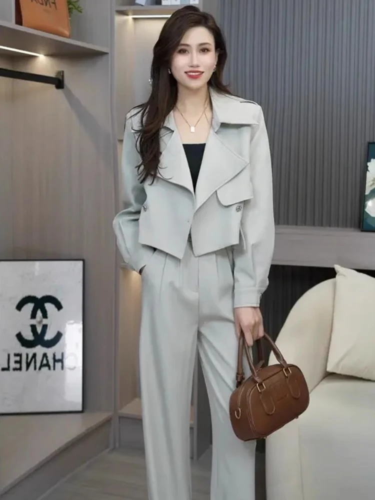 0330西装套装女2025春秋法式气质御姐短款风衣外套阔腿裤两件套