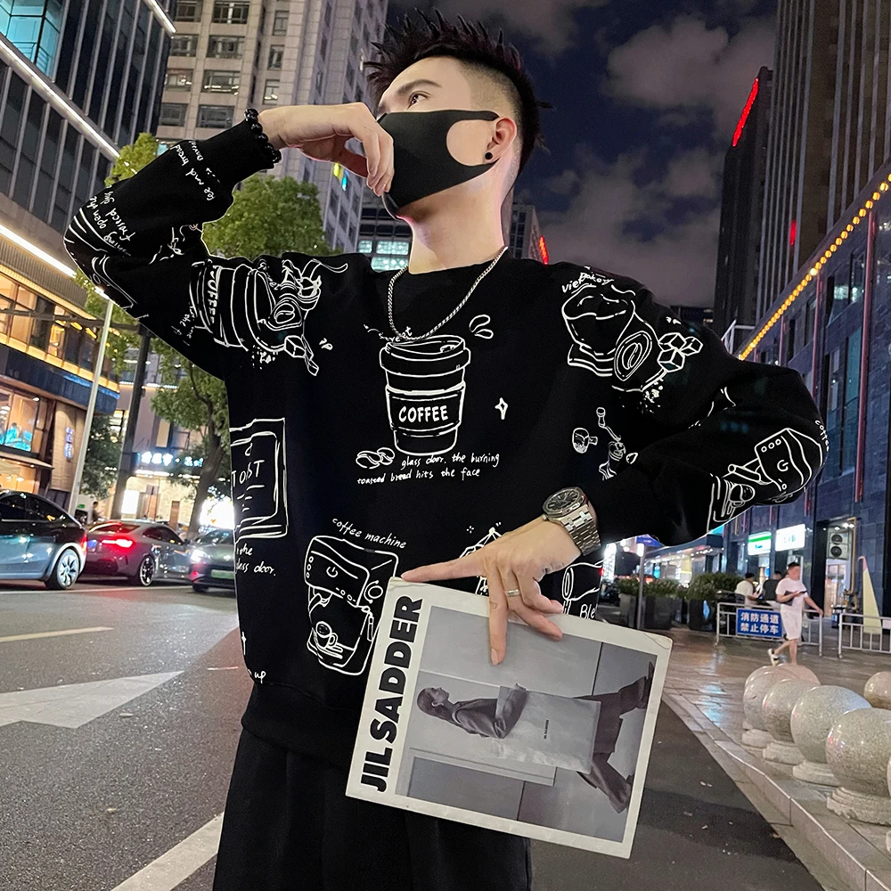 复古潮牌圆领卫衣男秋季高街拼色插肩袖上衣美式刺绣休闲长袖t恤