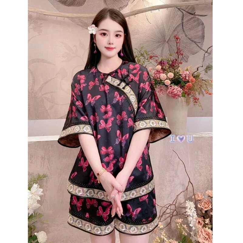 【夏日暮蝶】2025新款夏季新中式亮片绣花上衣+短裤国风两件套装女
