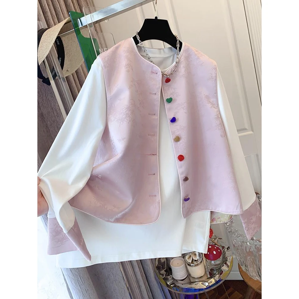 新中式国风熊猫提花缎面爱心马甲背心T恤宽松两件套装春季