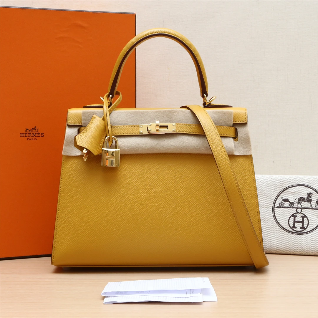 99新 Hermes/爱马仕 【双双】Kelly 25 9D琥珀黄 Epsom皮 Z刻金扣