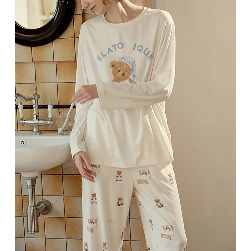 米诗缇【g家晚安小熊白色】 小众时尚设计可外穿长袖长裤睡衣家居服