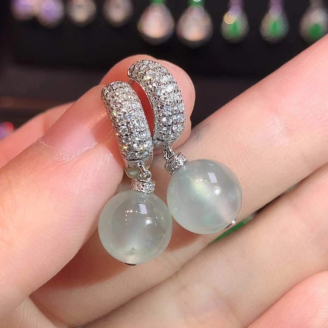 翡翠18K金镶嵌耳饰玻璃种雪花棉圆珠耳坠