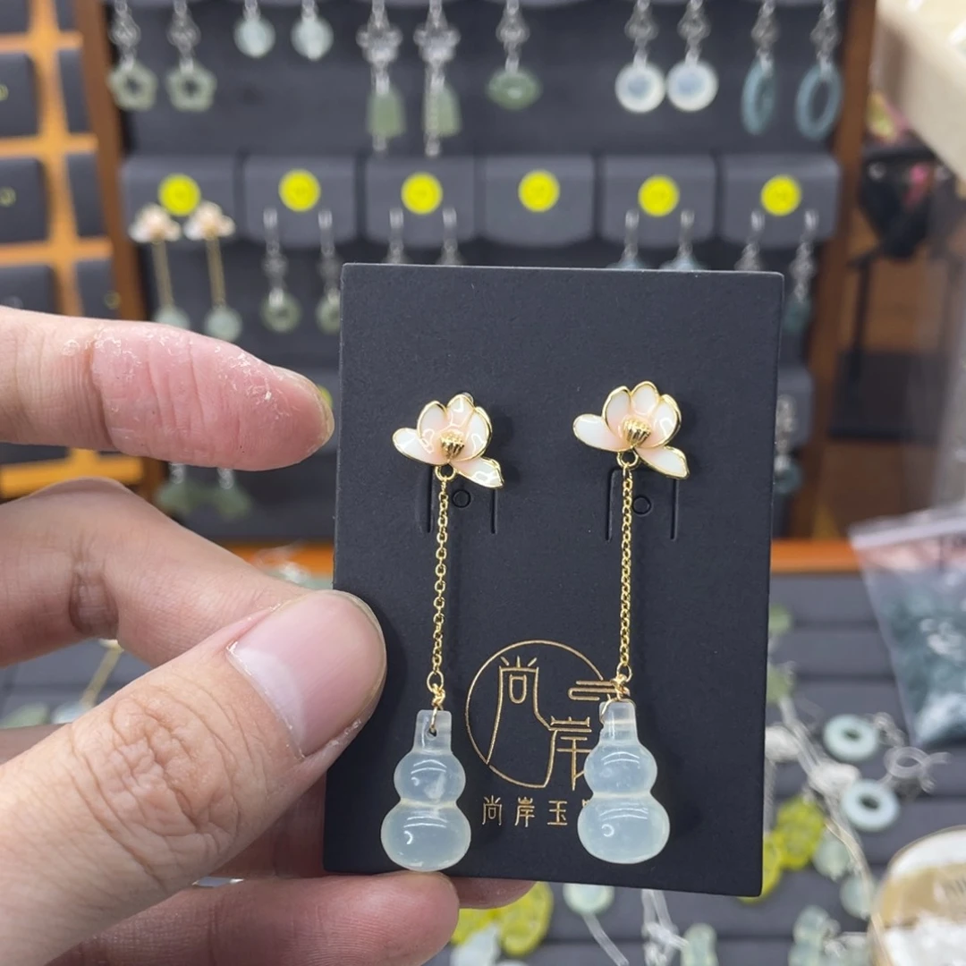 蛇纹石玉耳饰银S925镀金镶嵌香****馆