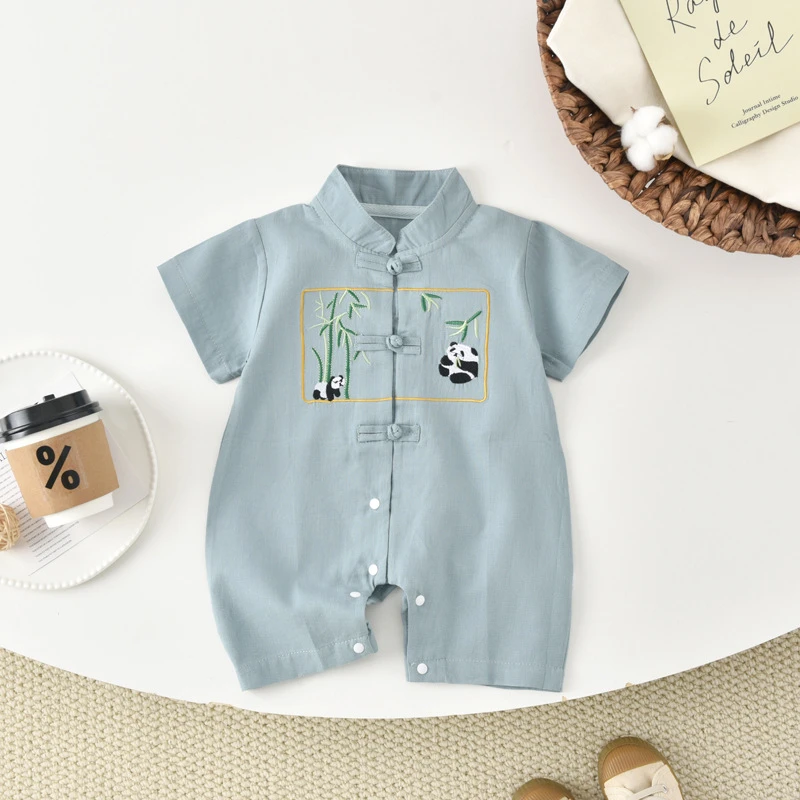 宝宝短袖汉服夏装018个月婴幼儿中国风爬爬服纯棉刺绣连体衣唐装