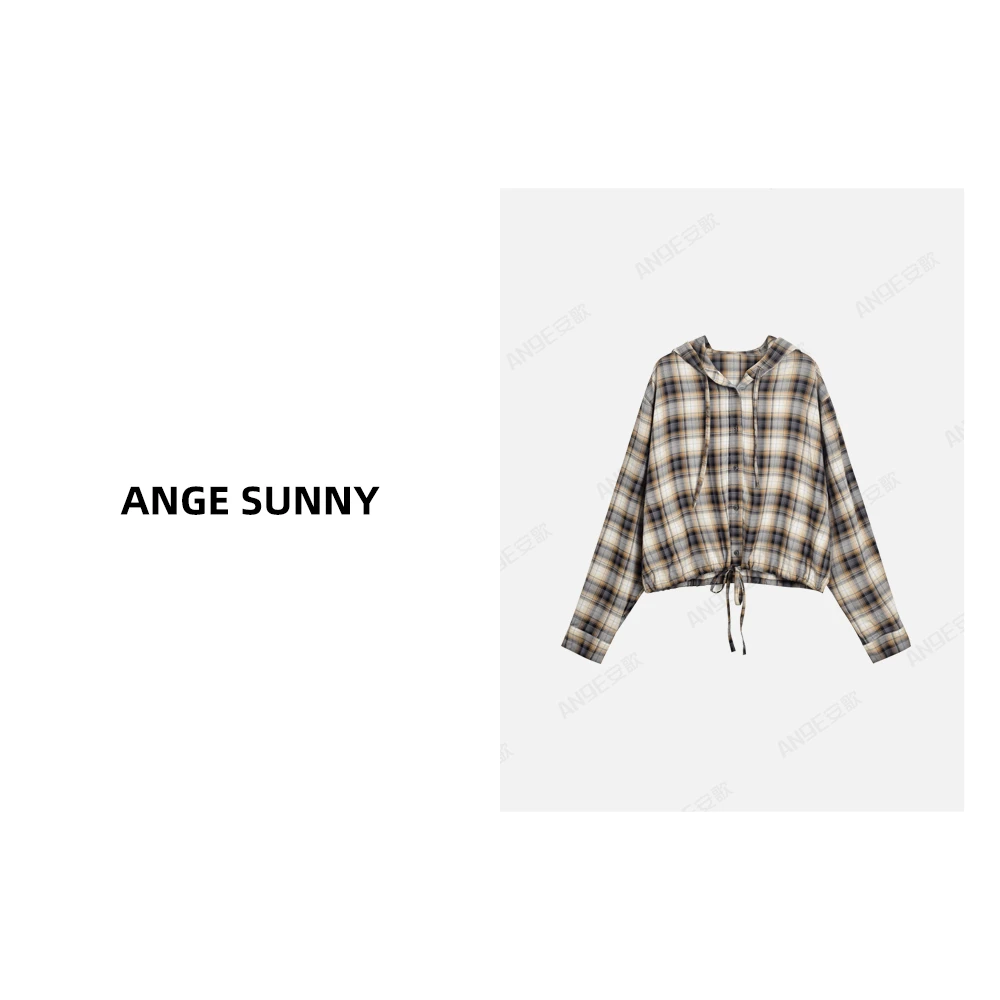 ANGE SUNNY【张淼怡同款 连帽格纹衬衫】AC风格单排扣长袖上衣