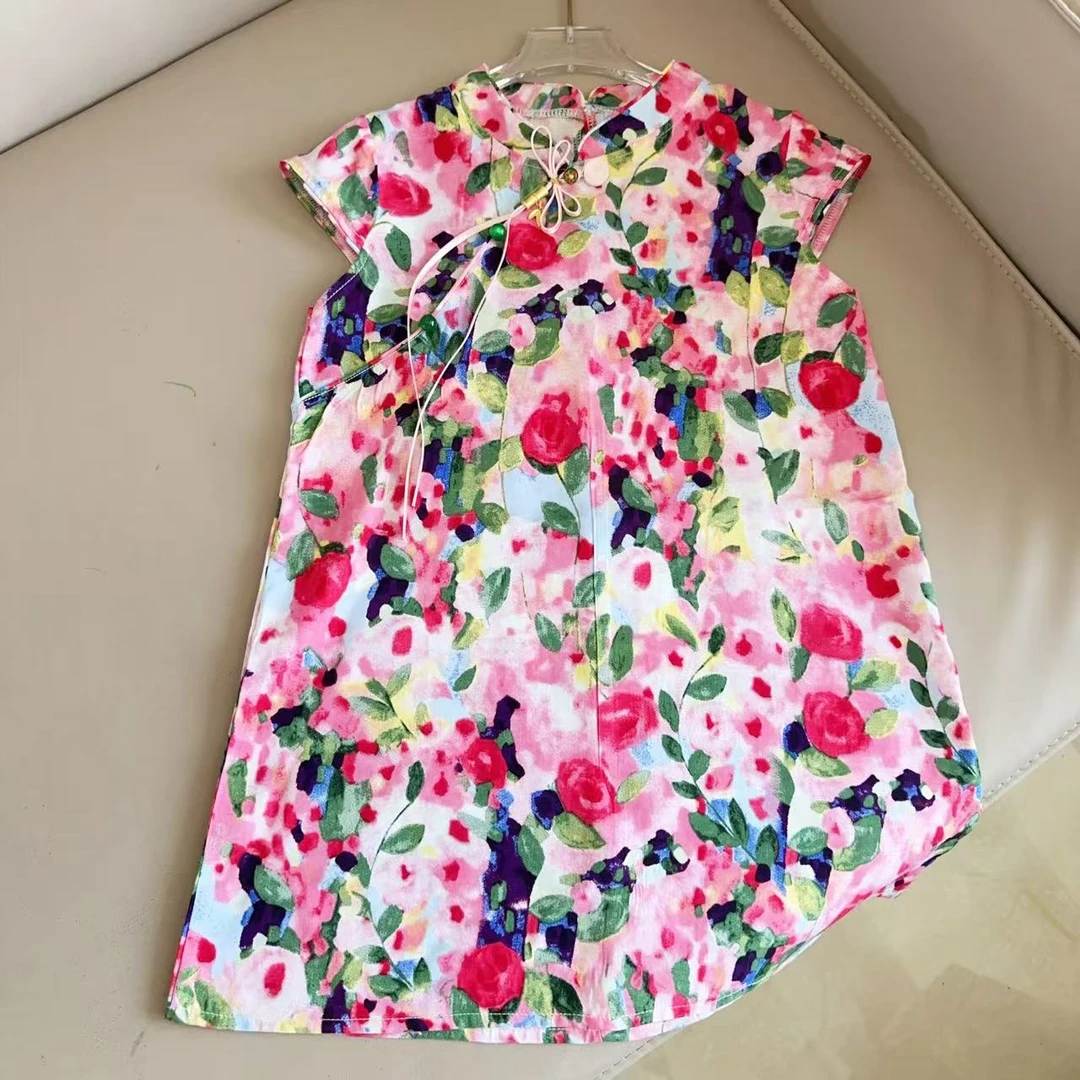 172粉色莫奈国风棉绸旗袍2025夏季国风女童长款印新中式旗袍