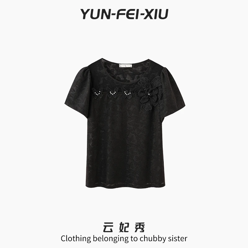 云妃秀大码女装T恤时尚休闲胖妹妹显瘦宽松韩版百搭上衣夏季22259