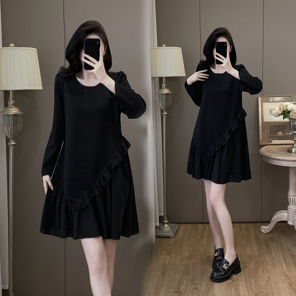 时尚气质显瘦小黑裙2025春新款胖妹妹大码女装洋气减龄拼接裙子