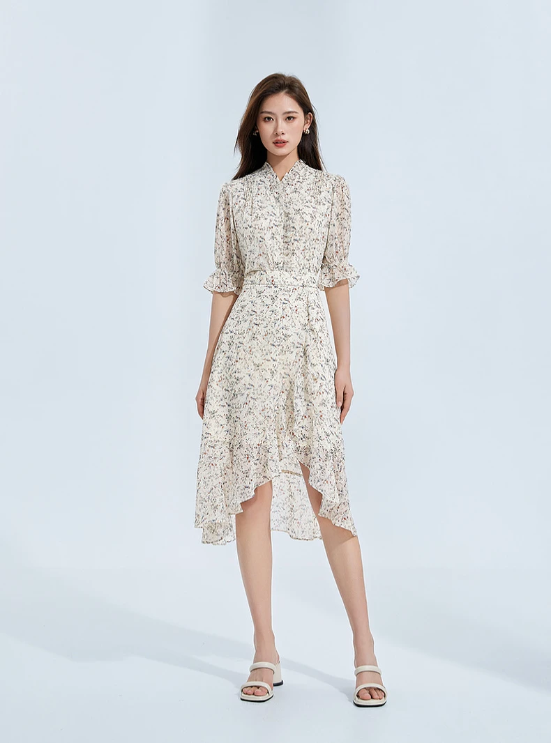 V领短袖压褶荷叶边印花碎花雪纺套头上衣613220007