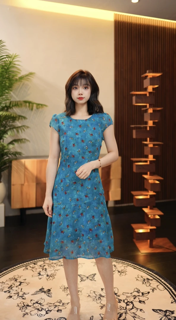【耶耶】小蓝花 夏季短袖斜裁蓝色碎花显瘦连衣裙C501