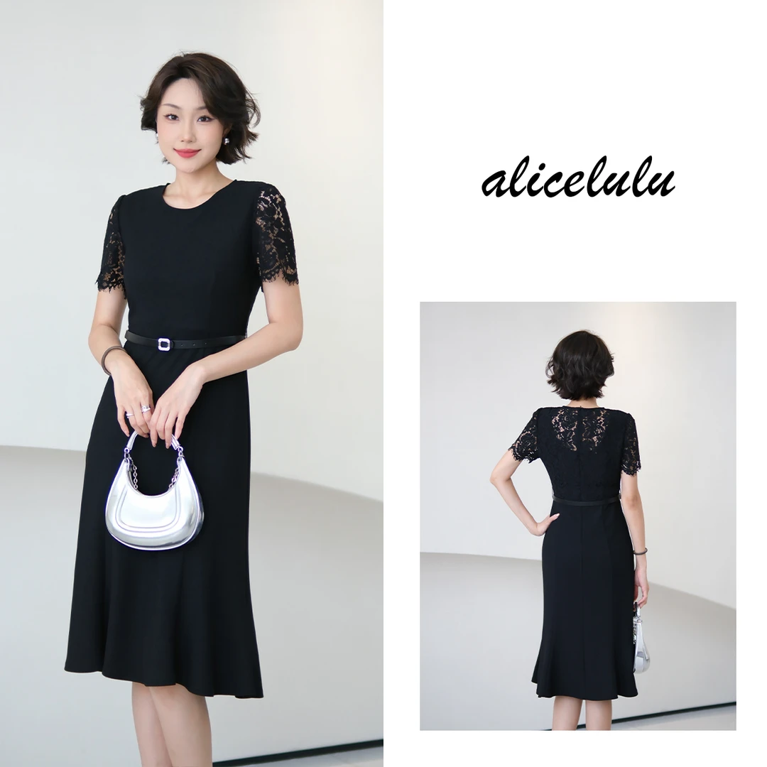 2 alicelulu 法式优雅黑色连衣裙收腰显瘦拼蕾丝袖 S2142578W