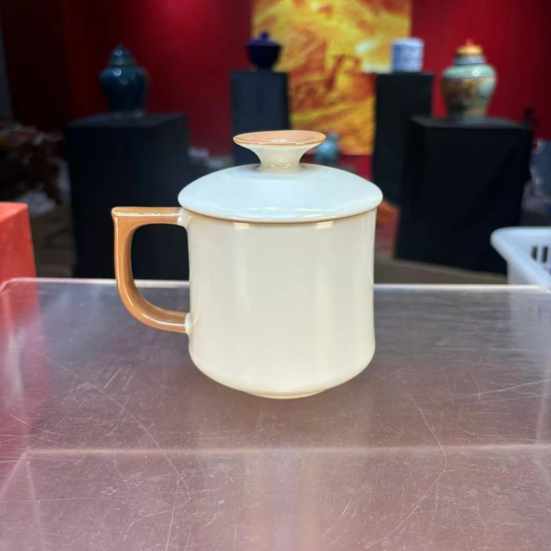 秋香茶具  米黄汝窑陶瓷两件套办公杯茶水分离杯-6480