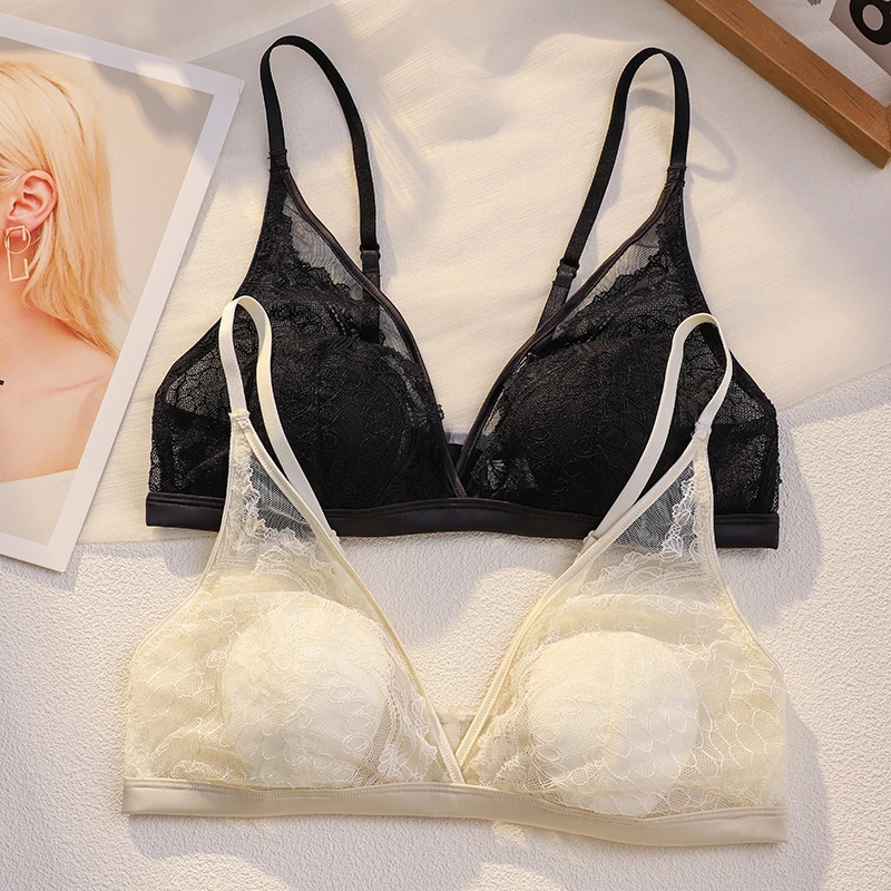 法式蕾丝内衣女夏季薄款性感小胸聚拢防下垂三角杯无钢圈文胸罩