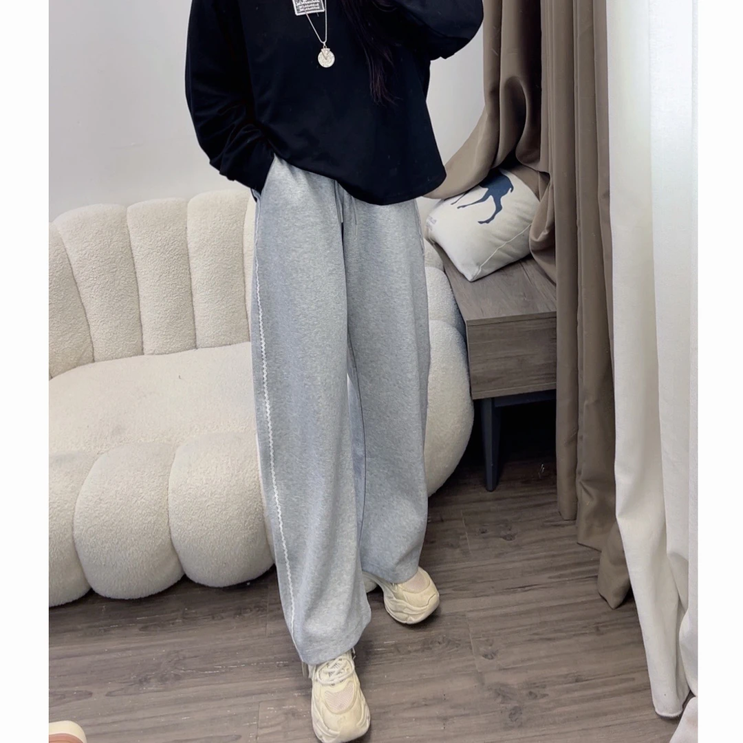 拼接蕾丝韩版阔腿休闲裤女2025春季新款宽松显瘦直筒裤子DYY2602