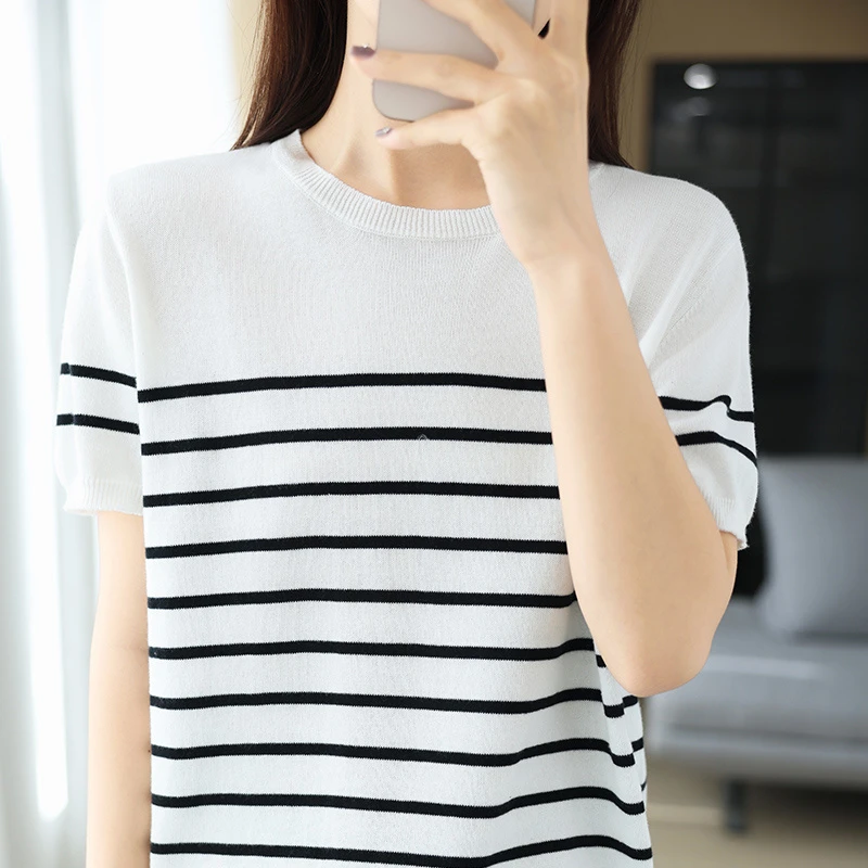 轻薄不透~女士圆领纯棉黑白条纹短袖T恤衫