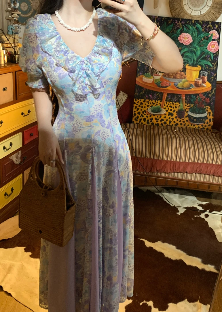 《咏紫鸢》2025夏款弹力蕾丝印花拼接大摆连衣裙女M115