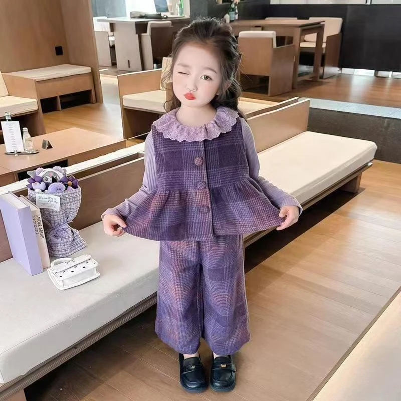 女童春季紫色套装2025新款儿童洋气时髦马甲打底裤子宝宝春秋款