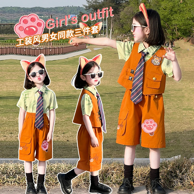 儿童工装风套装2025夏季新款女孩洋气卡通cos迪士尼马甲三件套潮