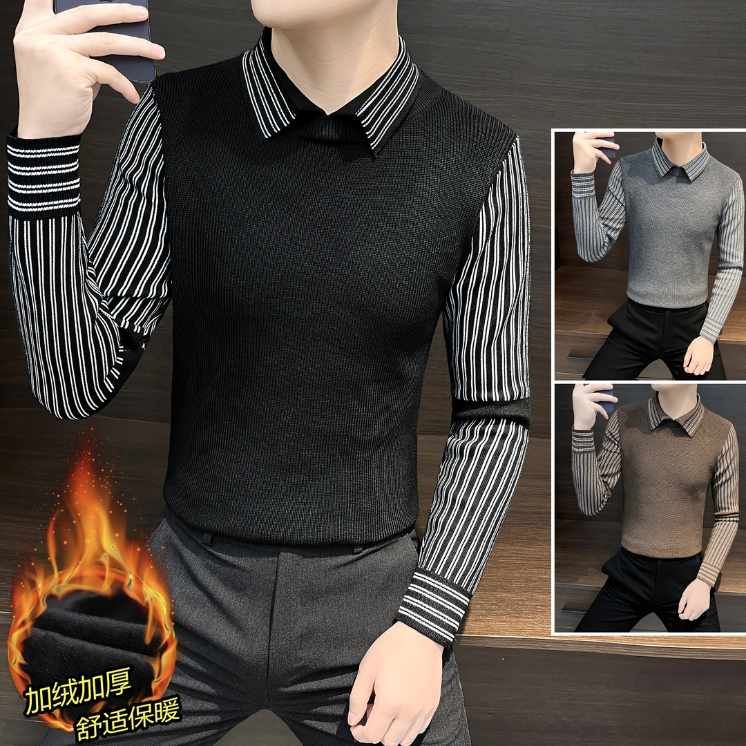 假两件毛衣男款冬季成熟痞帅男装秋冬款针织衫男士加绒加厚打底衫