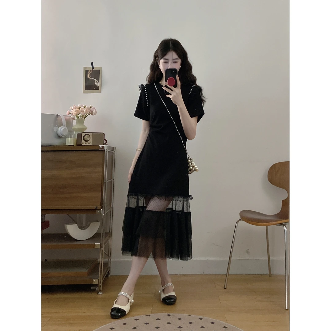 【运补6-8】设计感网纱拼接镶钻气质长裙夏季新款短袖连衣裙