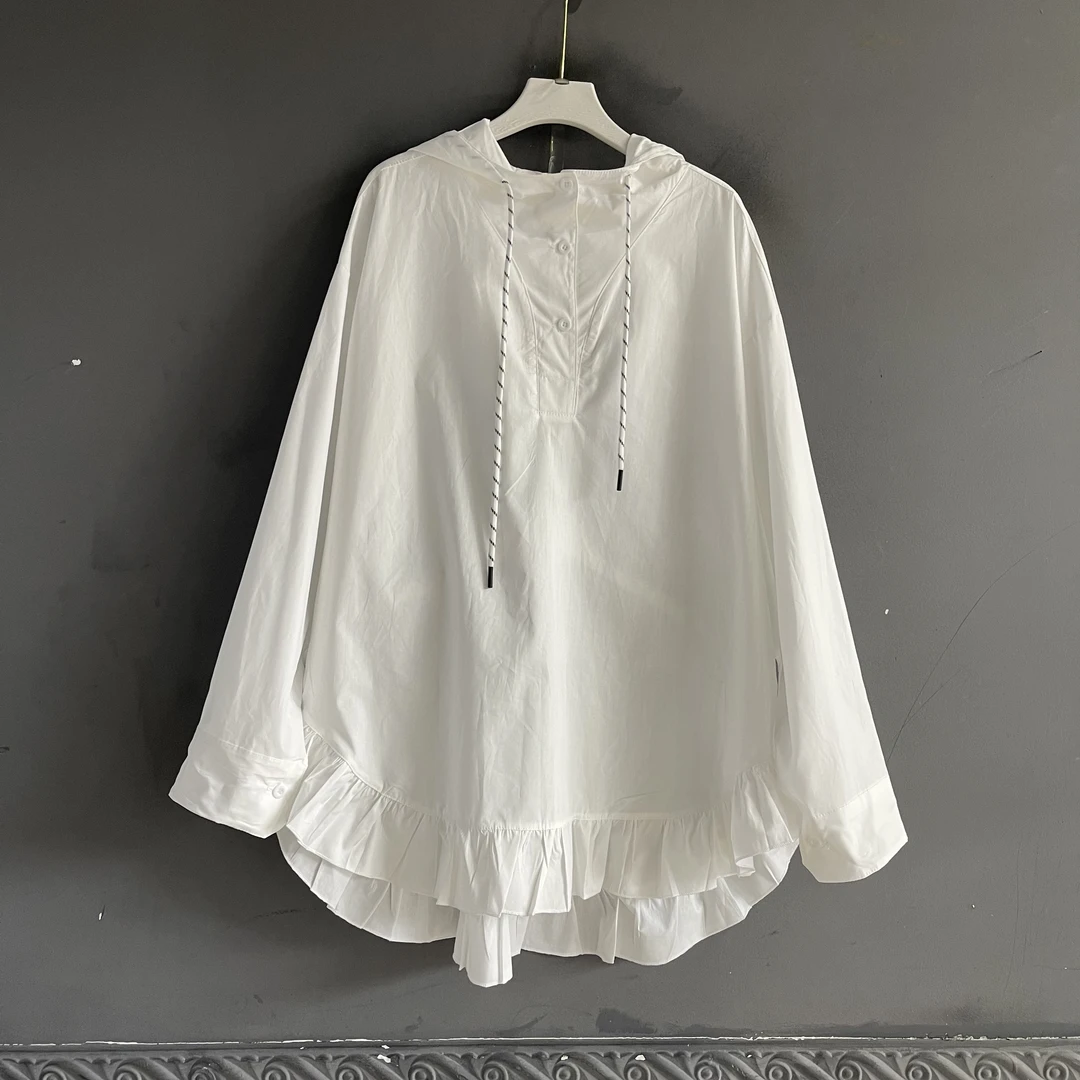 秋季新款荷叶下摆宽松连帽套头长袖休闲白色衬衣女士衬衫纯色上衣