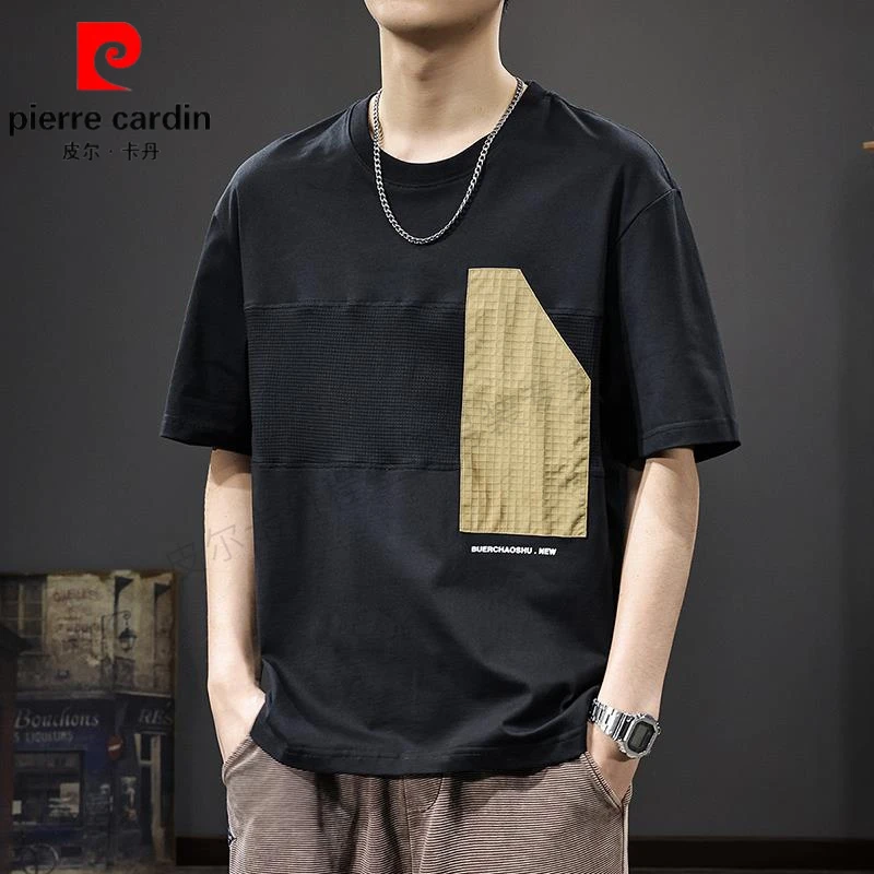皮尔卡丹夏季薄款凉感短袖t恤男士宽松百搭复古撞色圆领半袖体恤