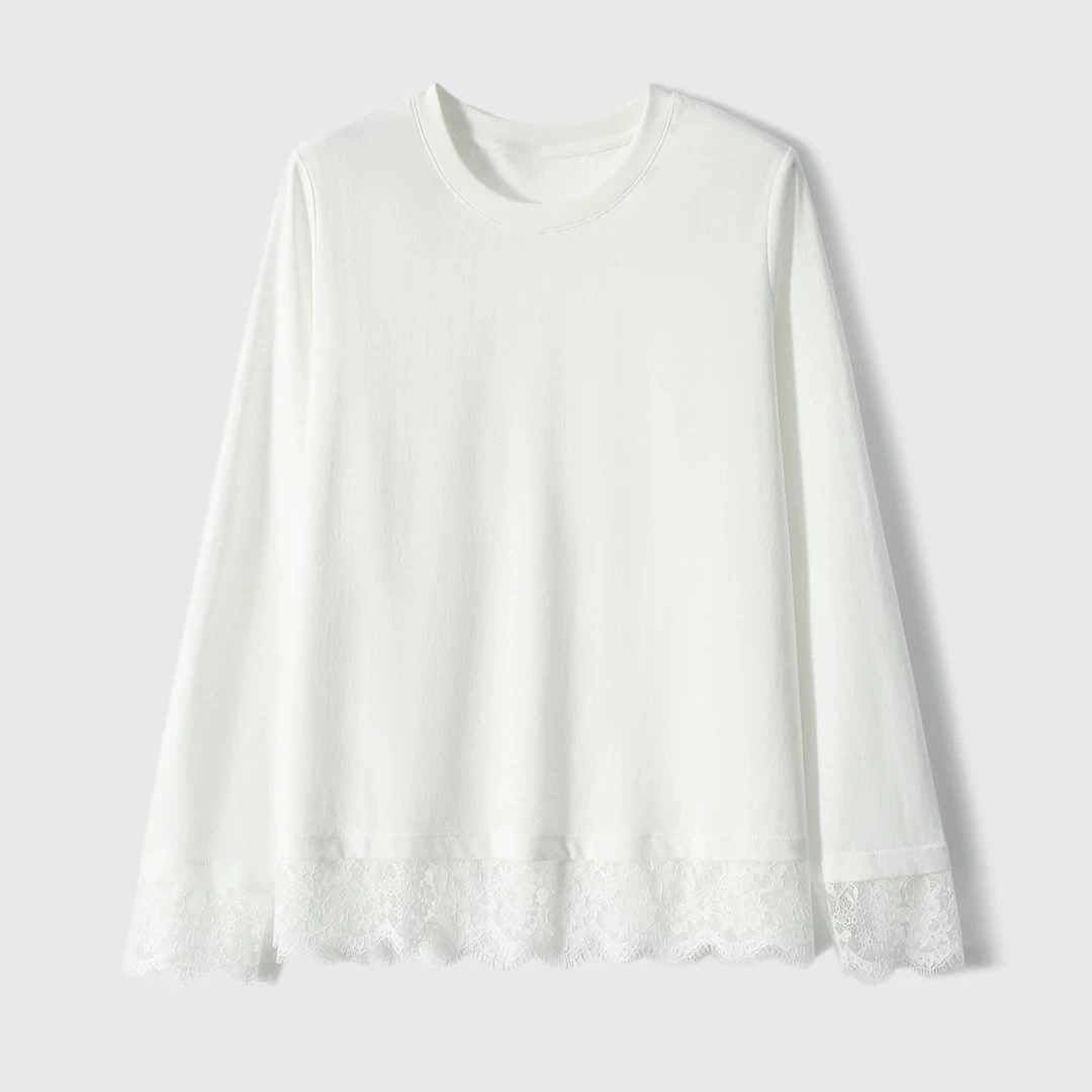 新款镂空蕾丝花边白色长袖T恤女秋小众设计感打底上衣 60-62