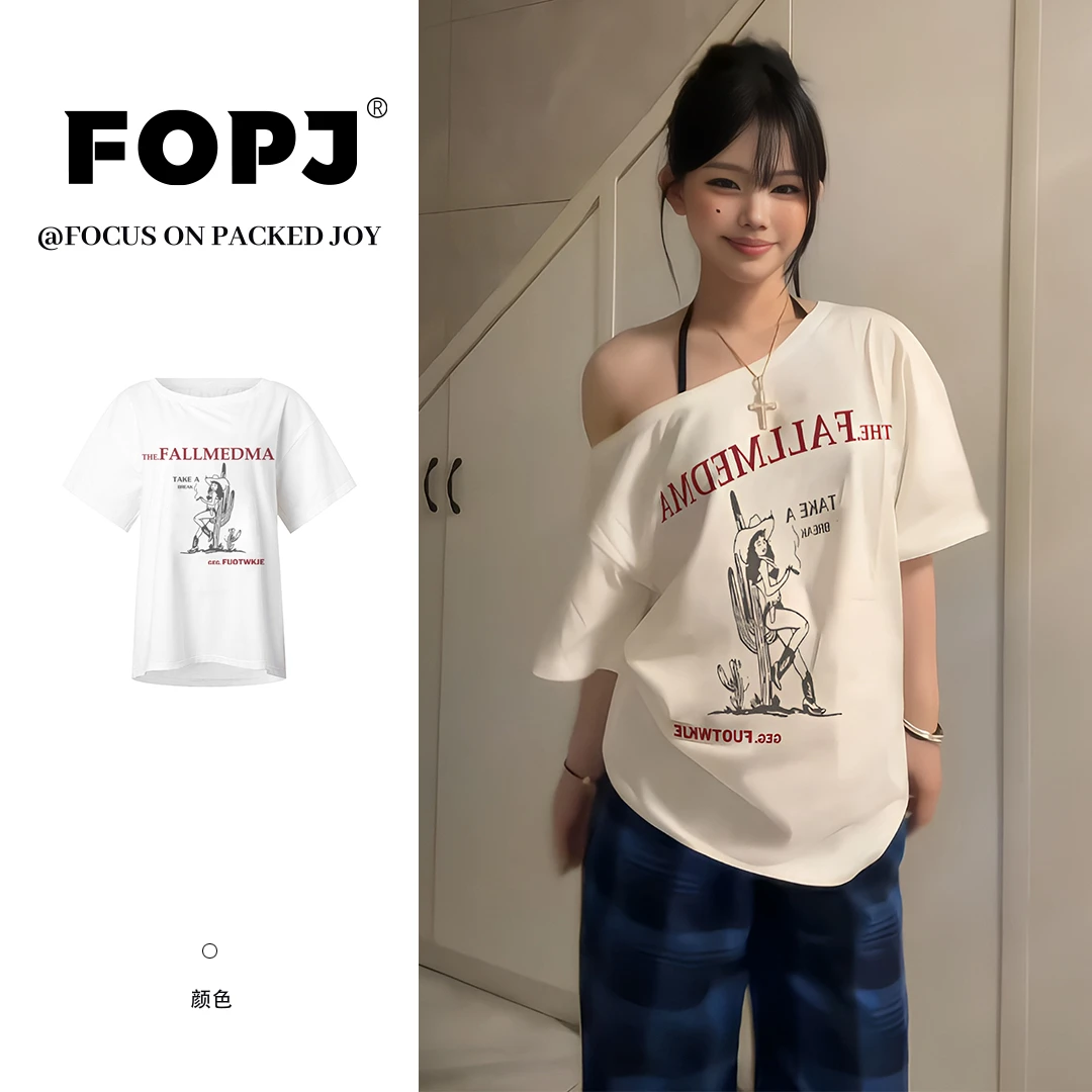 FOPJ美式复古显瘦斜肩短袖t恤女辣妹穿搭夏季设计感宽松百搭上衣