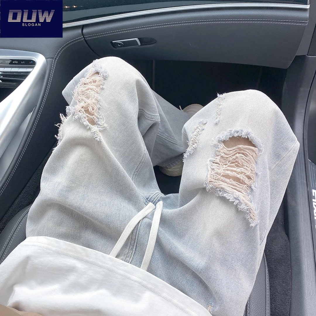 O.U.W冰蓝色破洞牛仔裤男夏季薄款宽松直筒裤美式水洗做旧阔腿裤