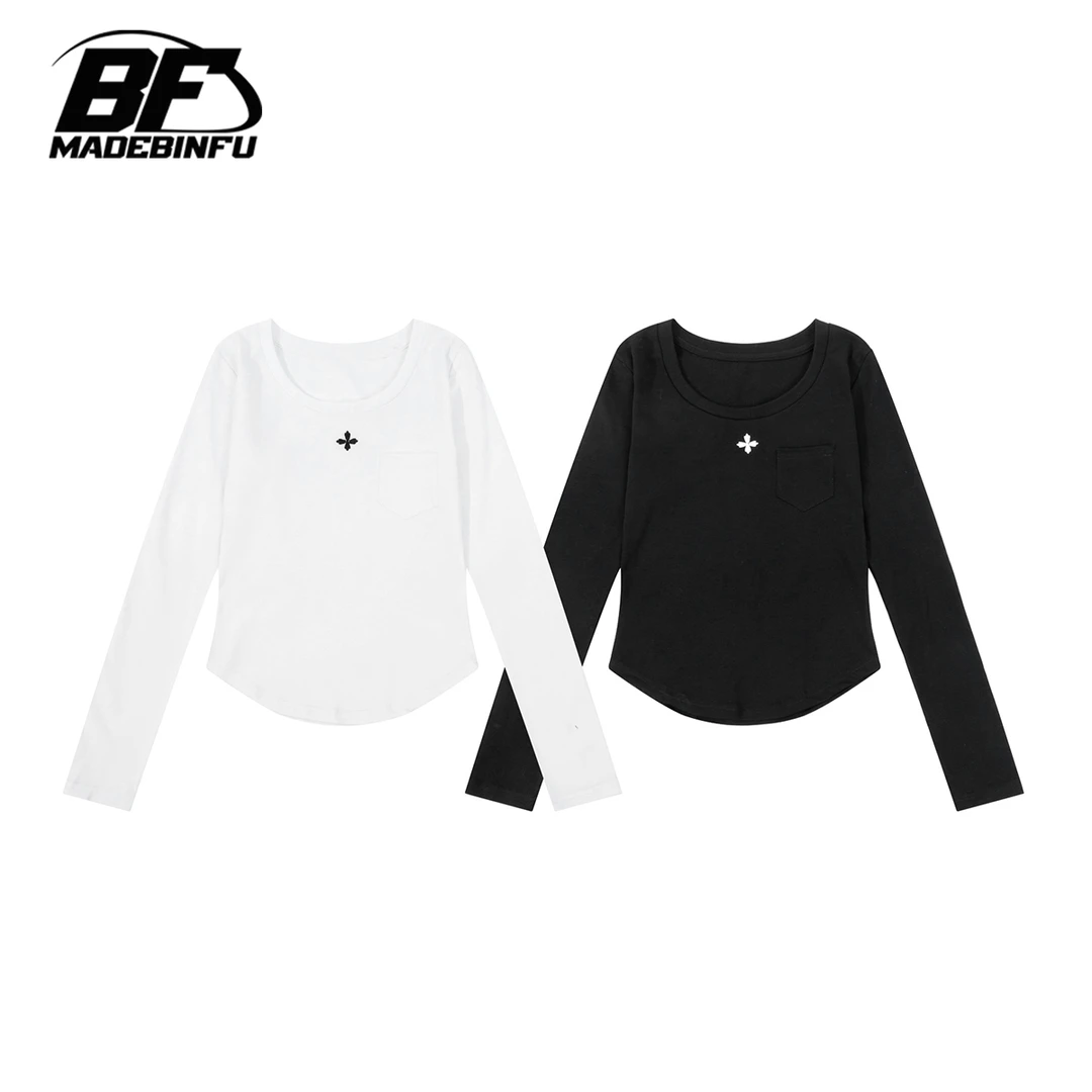 BINFU 春秋款 女款打底衫修身小刺绣显瘦打底衫辣妹内搭长袖T恤