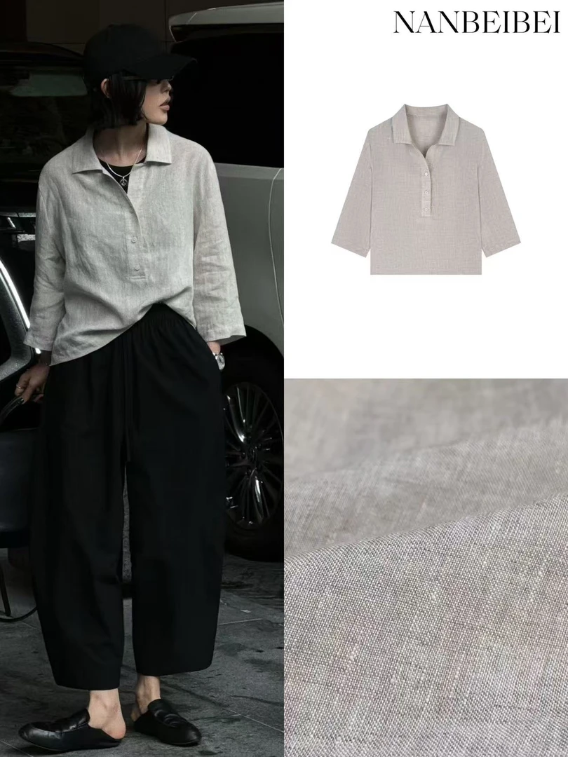 NanBeiBei '亚麻Polo' 100%亚麻褶皱肌理感极简Polo领上衣 0281