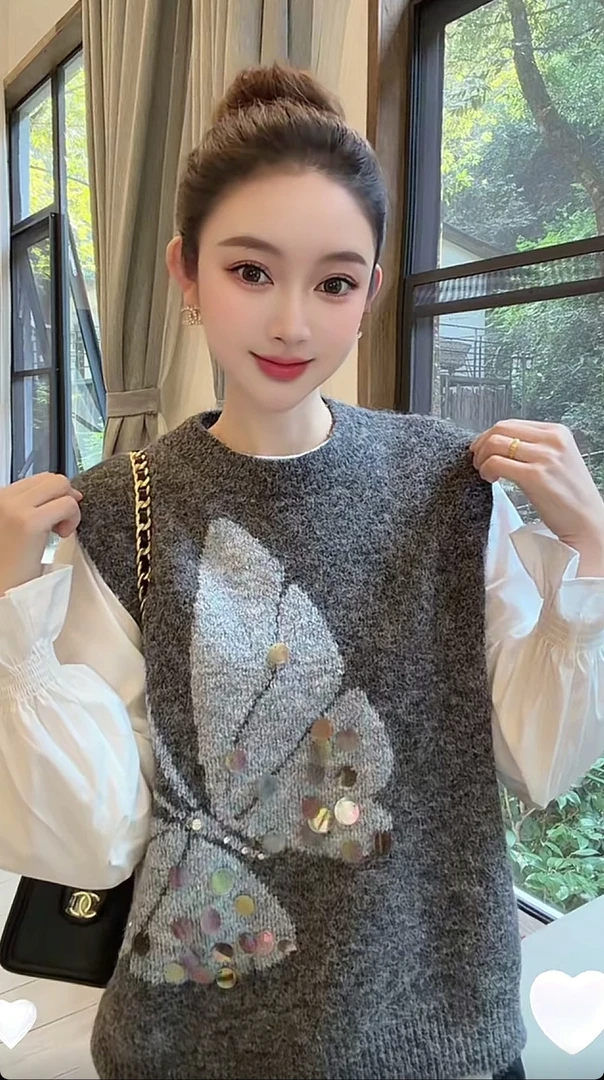 Nalian/拿恋豆子优选-韩系拼接微喇袖设计感圆领长袖T恤  DZ99313