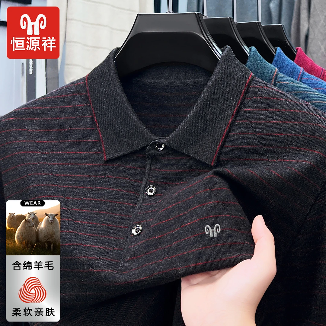 恒源祥秋冬季含绵羊毛针织Polo衫男士高档刺绣商务休闲保暖针织衫