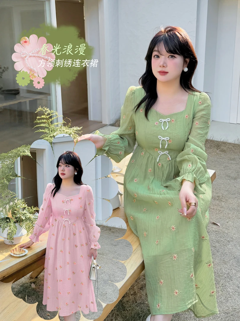 YH-2979大码女装春秋清新方领刺绣连衣裙微胖mm泡泡袖大码连衣裙