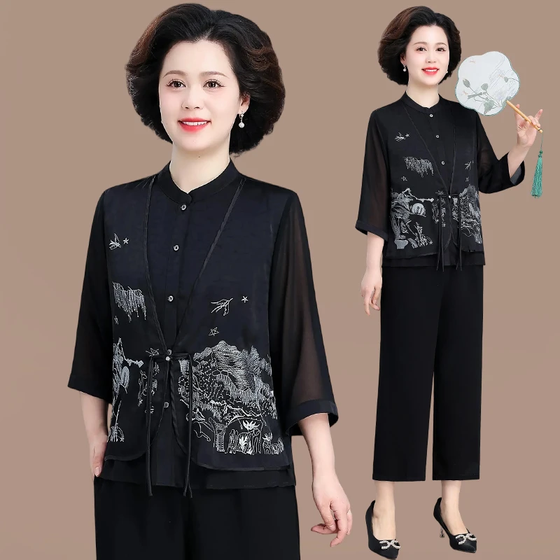 妈妈夏季七分袖雪纺假两件衬衫中老年女夏装中式小衫上衣两件套装