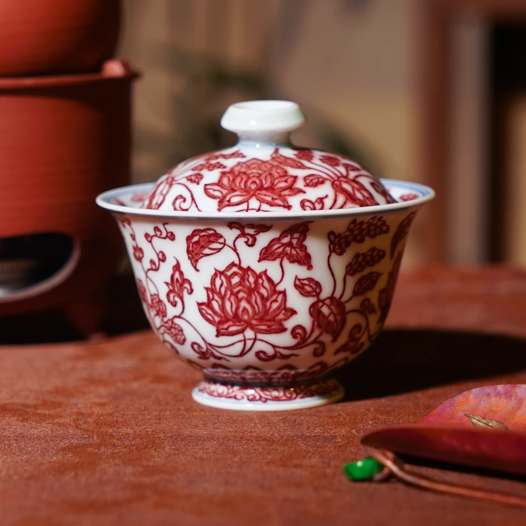 永明尚玩全红缠枝岩茶盖碗茶具纯手工陶瓷喝茶饮茶陶瓷盖碗YM016