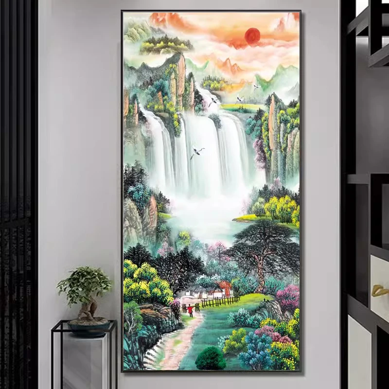 新中式钻石画2025新款满钻风景山水流水生财玄关竖版点贴钻十字绣