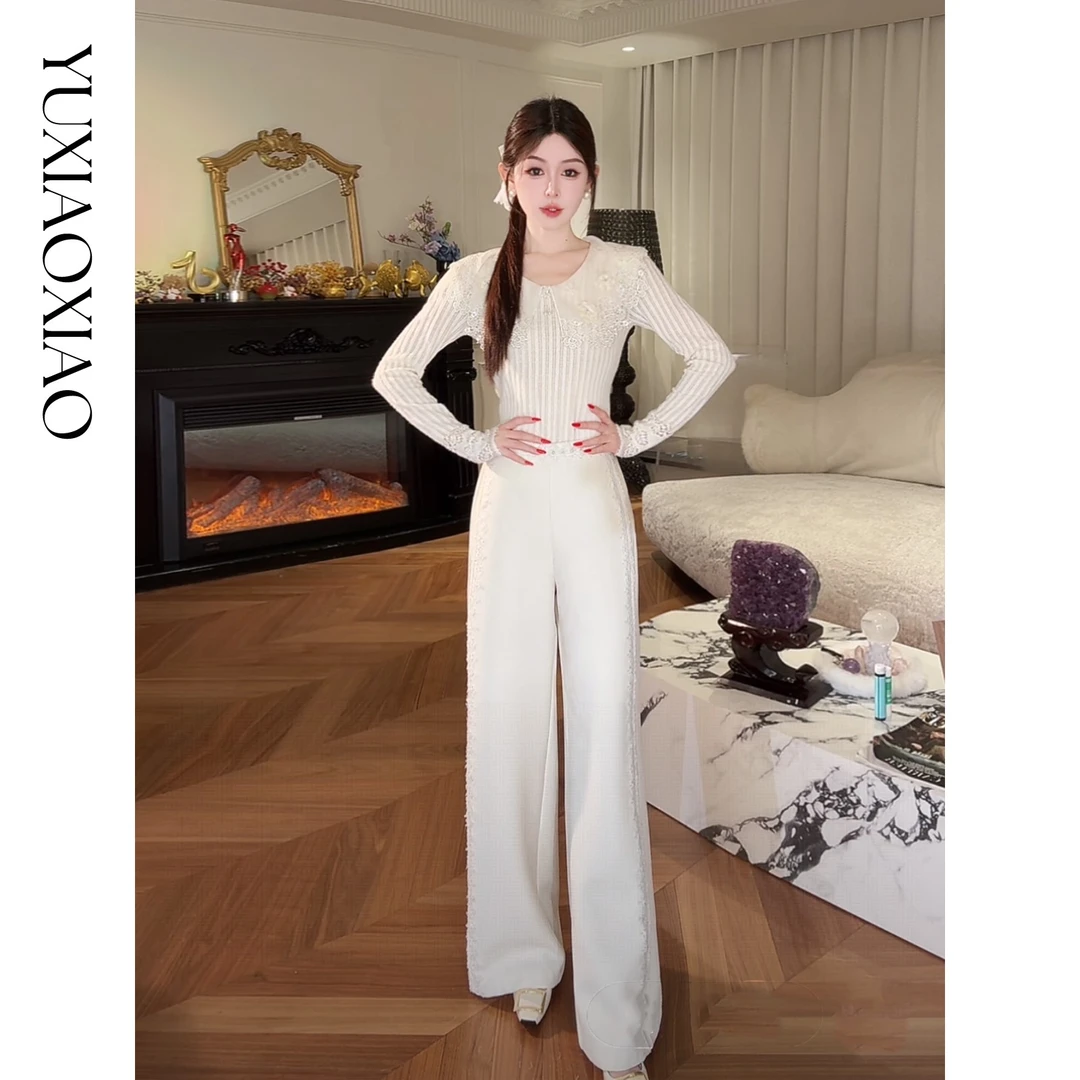 余潇潇【星光筑梦】时尚百搭山海绒混纺拼接蕾丝花边显瘦直筒休闲裤