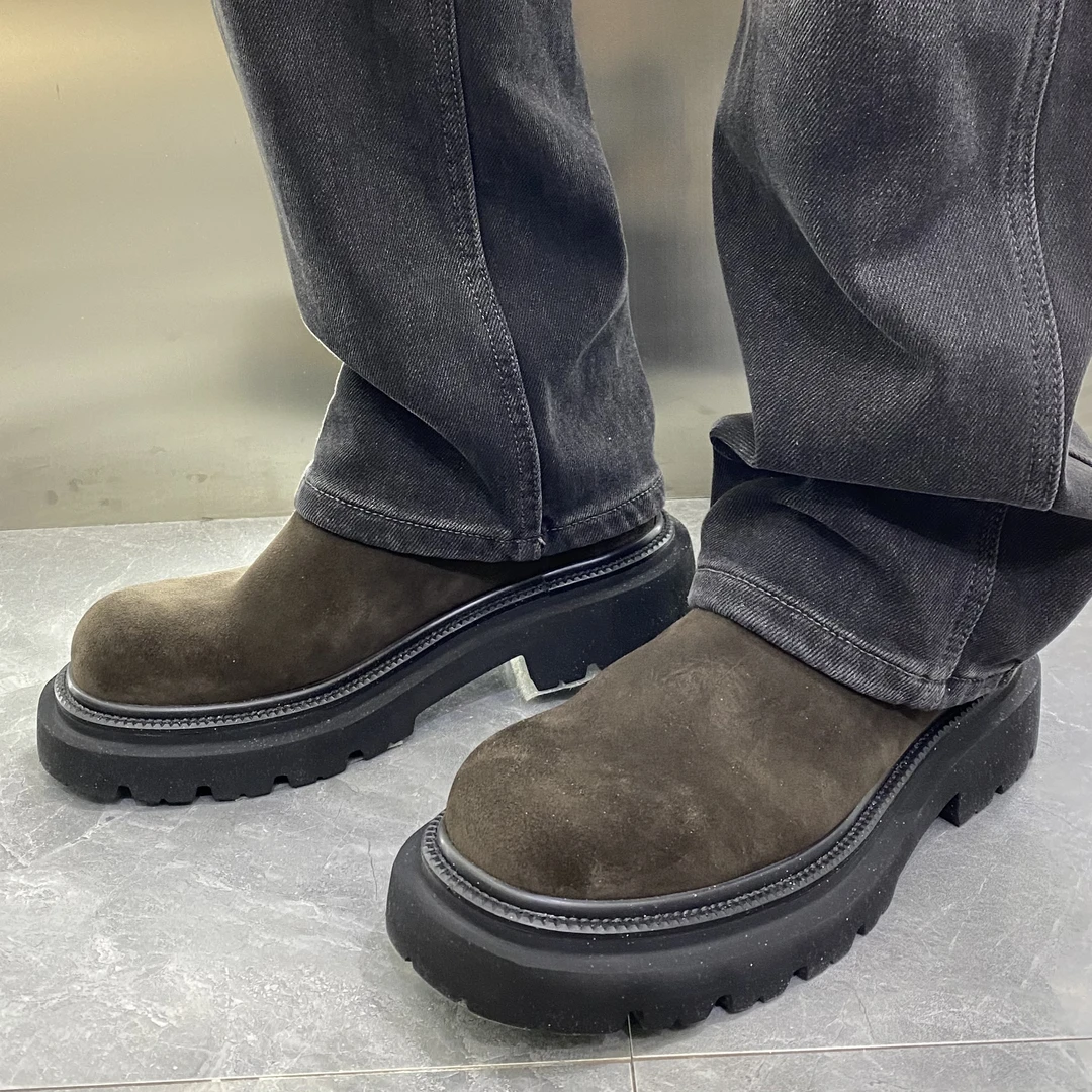 中高帮圆头增高厚底一脚蹬真皮靴子透气舒适中筒皮靴切尔西靴